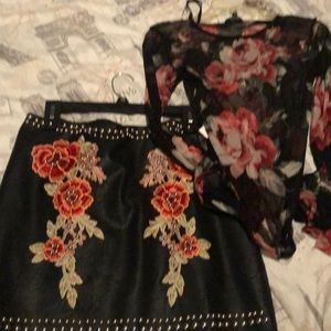 Floral Leather Skirt Set
